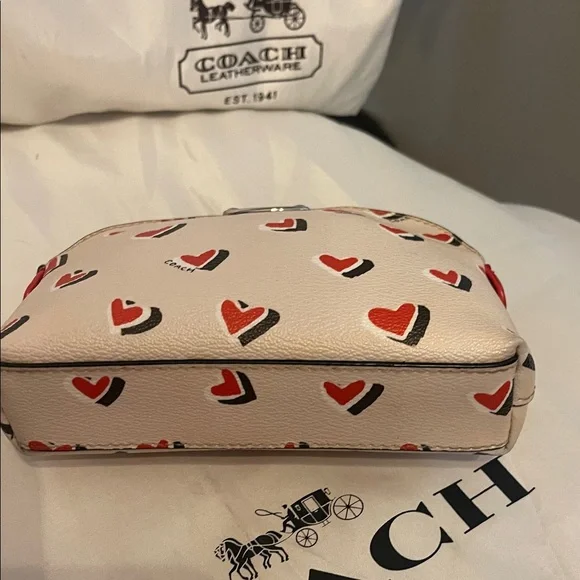 Coach Heart Pattern Cosmetic Bag - Cream and Red - Picture 3 of 5